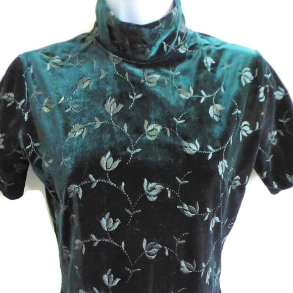 Carol Le Valley Vintage Velvet Embroidered Mock Neck Emerald Green Short Sleeve - Picture 4 of 5